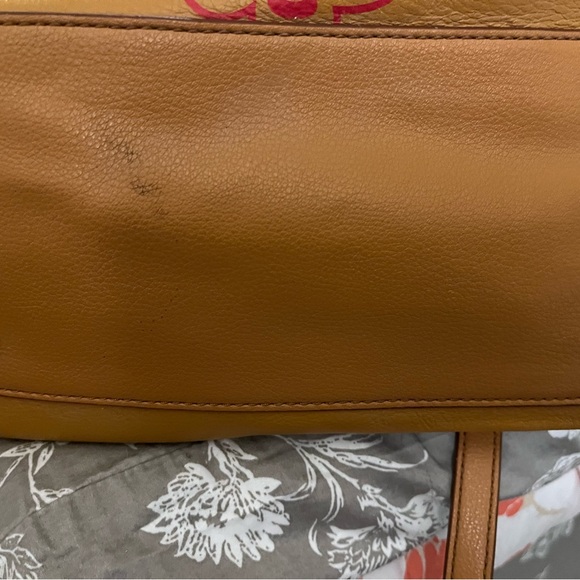Camel leather Fossil bag. Has pink, red flowers and the word LOVE on front side. - Picture 3 of 4